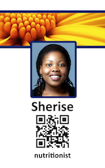 Template ID badge with a woman's photo, nutritionist title, QR code, yellow abstract top design; waterproof, 40mil thick option, wear resistant