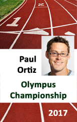 Template ID card features a running track background with a smiling man in glasses. Includes Olympus Championship, 2017 text. Durable PVC, bend resistant, waterproof option