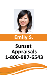 Template id card featuring a headshot of a smiling woman with straight dark hair above labeled business info and an orange wave bottom design; waterproof, clear overlay option