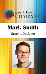 Template ID card featuring a circular logo, "Generic Logo Company," title Graphic Designer, headshot of a smiling man with glasses; waterproof, 50 mil thick option