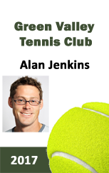 Template ID badge for Green Valley Tennis Club showing a man with glasses, large tennis ball, year 2017 at the bottom; waterproof durable PVC, wear resistant, clear overlay option