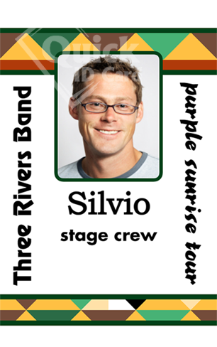 Template ID badge for Three Rivers Band Purple Sunrise Tour, stage crew Silvio smiling; colorful geometric borders, wear resistant, clear overlay option, waterproof