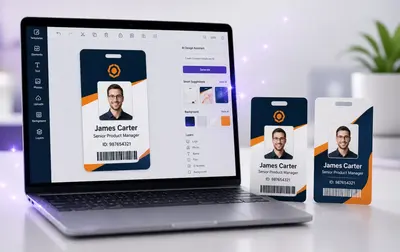 AI-assisted custom ID badge design with professional PVC card previews