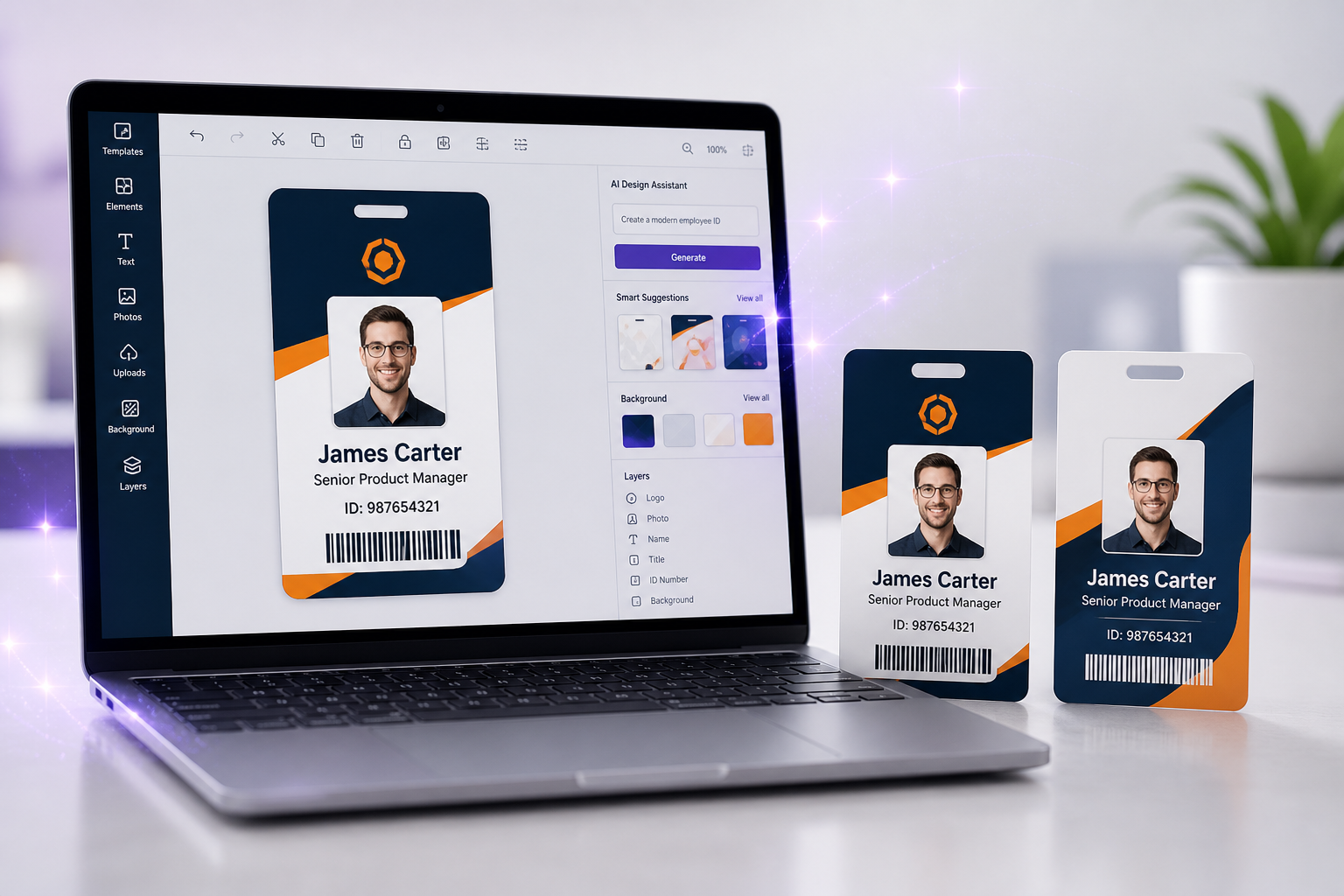 AI-assisted custom ID badge design with professional PVC card previews