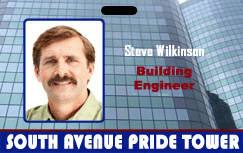 Corporate ID badge, glass building background.