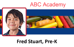 Template ID badge for ABC Academy with a young boy, colorful crayons background, Pre-K at bottom; waterproof durable PVC, clear overlay option