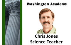 Template id badge for Washington Academy with headshot of a man, labeled Science Teacher, adjacent to image of classical column; wear resistant, durable PVC, clear overlay option