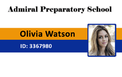 Template ID card for Admiral Preparatory School featuring a photo of a young woman with long hair, school logo, name, and ID number; waterproof and durable PVC; clear overlay option