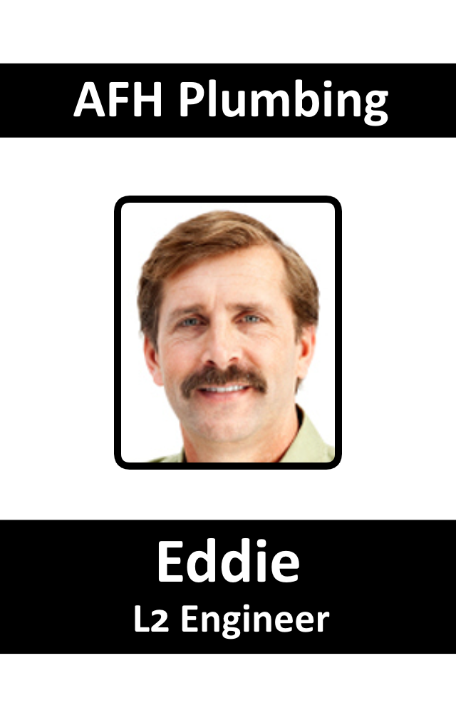 Template id badge featuring AFH Plumbing at the top, a headshot of a smiling man with light brown hair and mustache, and 'L2 Engineer' at the bottom. Durable PVC, waterproof, 40mil thick option