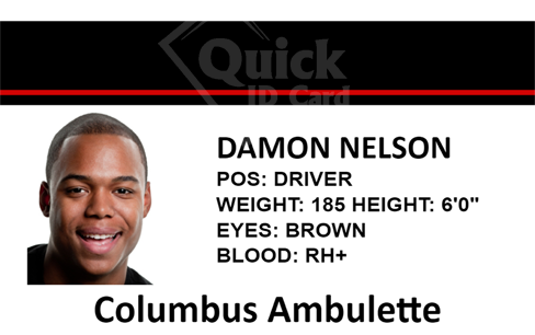 Template ID card for Columbus Ambulette displaying a smiling male driver. Features: age 60, 185 lbs, brown eyes, RH+ blood. Durable PVC, waterproof, clear overlay option