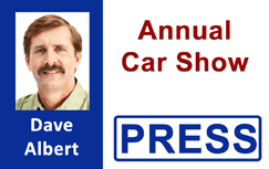 Template ID badge featuring a photo, Annual Car Show and PRESS label; wear resistant, waterproof durable PVC with clear overlay option