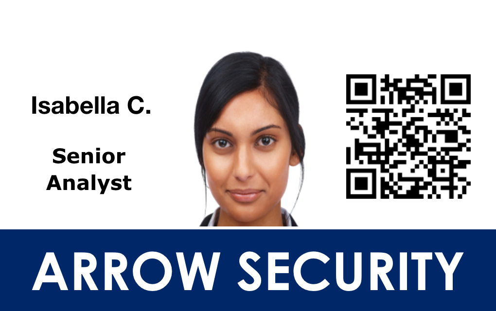 Arrow Security ID badge template featuring a woman's portrait, Senior Analyst title, large QR code on white and blue, waterproof, bend resistant PVC with optional clear overlay