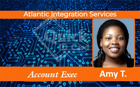 Template ID card for Atlantic Integration Services with a circuit board background, portrait of a smiling woman, Account Exec title; durable PVC, wear resistant, clear overlay option