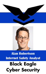 Template ID badge for Black Eagle Cyber Security featuring a smiling man, labeled Internet Safety Analyst, with black eagle logo on top; bend resistant, waterproof 50mil thick option