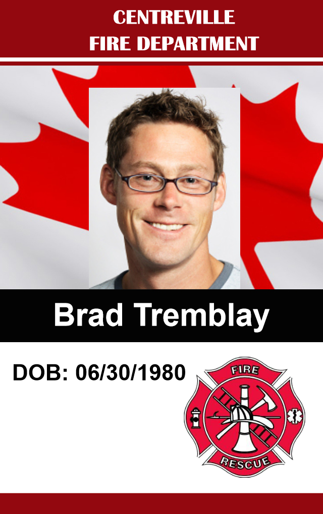 Template ID card for Centreville Fire Department with a man wearing glasses, fire rescue emblem on a Canadian flag, clear overlay option, wear resistant