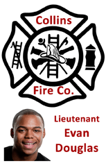 Template ID badge featuring Collins Fire Co. firefighter badge logo above a smiling man’s headshot, labeled Lieutenant in red and black text; 40mil thick option, waterproof