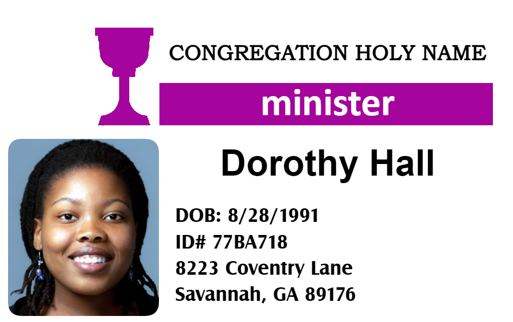 Template for ID badge: Congregation Holy Name minister, featuring photo, white and purple background, address, date of birth, ID number. Durable PVC, 40mil thick option, waterproof