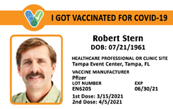 Template COVID-19 vaccine ID card featuring two Pfizer doses at Tampa Event Center, photo of a smiling man; durable PVC, waterproof, bend resistant, clear overlay option