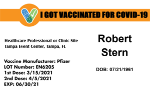 Template COVID-19 vaccine id card or id badge, Pfizer doses on 3/15/2021 and 4/5/2021, expiration 6/30/21, durable PVC, waterproof, clear overlay option