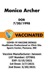 Template-style COVID-19 vaccination ID card or badge, listing birthdate, vaccine dates, manufacturer (Janssen), lot number, clinic info; waterproof, bend resistant, clear overlay option