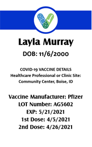 COVID-19 vaccine id card template with Pfizer dose info, bandage graphic, lot and expiration. Durable PVC, 50 mil thick option, added security holographic overlay option