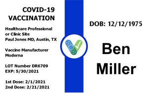 Template ID card for COVID-19 vaccinations showing two Moderna doses, provider details, lot number, expiration date; durable PVC, 40mil thick option, waterproof