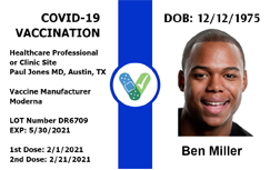 Template COVID-19 vaccine ID card featuring photo, birthdate, vaccine details, lot numbers, dose dates; blue and white design with vaccine icon. Waterproof & wear resistant