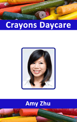 Template ID badge for Crayons Daycare featuring a portrait of a smiling woman with straight, dark hair, set against colorful crayons; 40mil thick option, wear resistant