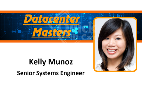 Datacenter Masters ID card template featuring a smiling individual, tech-blue background, and professional title. Options: durable PVC, wear resistant, added security holographic overlay