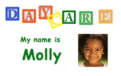 Template style id card features colorful blocks spelling “DAYCARE” above “My name is Molly,” with a young girl’s photo right. Waterproof, durable PVC, clear overlay option