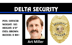 Template Delta Security ID badge featuring officer photo, details, gold badge; durable PVC, 40mil thick option, waterproof, bend resistant