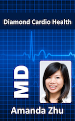 Template id badge with a blue grid and heartbeat line background, Diamond Cardio Health text, smiling woman, MD title; durable PVC, waterproof, bend resistant