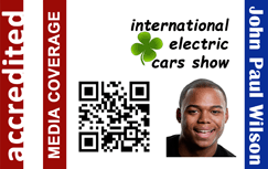 Template media id badge for the International Electric Cars Show featuring a QR code, a smiling person’s headshot, clear overlay option, and wear resistant 40mil thick PVC