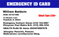 Template emergency ID card or ID badge displays contact info, blood type, emergency contact, physician, health plan ID, allergies, and meds; waterproof 40mil thick PVC option