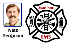 ID card template features headshot of man with mustache, Madison EMS logo with firefighting symbols; waterproof, 40mil thick option, clear overlay option
