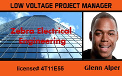 Template for an ID badge or card for Low Voltage Project Manager at Zebra Electrical Engineering, with building and smiling man. 40mil thick option and waterproof, clear overlay option