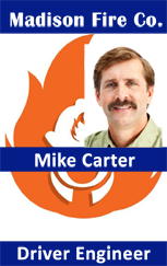 Template design ID badge for Madison Fire Co. shows a mustached man labeled Driver Engineer with an orange flame background; clear overlay option, waterproof