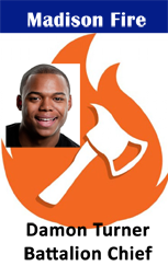ID card template featuring a smiling man’s photo, axe over flame logo, and text: Madison Fire, Battalion Chief. Made from durable PVC, waterproof with clear overlay option