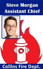 Template for Collins Fire Dept. ID badge, features photo of man with glasses, "Assistant Chief" title, red flame and hydrant graphic; durable PVC, wear resistant
