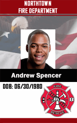Template for id badge: Northtown Fire Department, headshot, birthdate, fire rescue emblem; waterproof, 40mil thick option, added security holographic overlay option