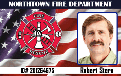 Template for Northtown Fire Dept ID badge, US flag, fire rescue emblem, male with mustache photo, 40mil thick option and waterproof overlay