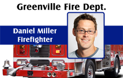 Template ID card for Greenville Fire Dept., features a man with glasses, Firefighter title, fire truck below. Waterproof, wear resistant, clear overlay option