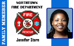 Template ID card for Northtown Fire Department family member with a badge, woman's smiling photo, name, clear overlay option, 40mil thick durable PVC