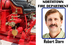 Template ID badge features a close-up of a vintage fire truck on the left and, on the right, a man with mustache; Northtown Fire Department. 40mil thick option, waterproof