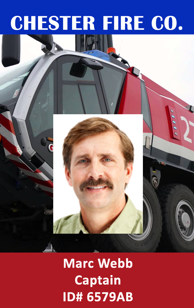 Template ID badge for Chester Fire Co., fire truck background, Captain title, sample ID#, durable PVC, waterproof, bend resistant, clear overlay option