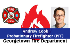 Template ID badge with fire emblem, male headshot, Georgetown Fire Department info, 50mil thick option, clear overlay for wear resistant finish