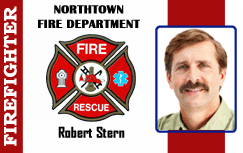 Template firefighter ID card featuring a fire rescue emblem, a portrait of a man with brown hair and mustache; includes clear overlay option and waterproof, wear resistant features
