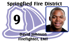 Template ID badge for Springfield Fire District with firefighter helmet (number 9), photo area, and title fields; waterproof, durable PVC, 40mil thick option