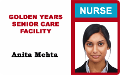 Template for ID badge: Golden Years Senior Care Facility, labeled NURSE, featuring a photo and bold name text. Wear resistant, waterproof, durable PVC; added security holographic overlay option