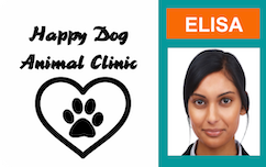 Template ID badge for Happy Dog Animal Clinic, heart and paw logo left, photo female staff right with ELISA in bold orange; waterproof, 40mil thick option